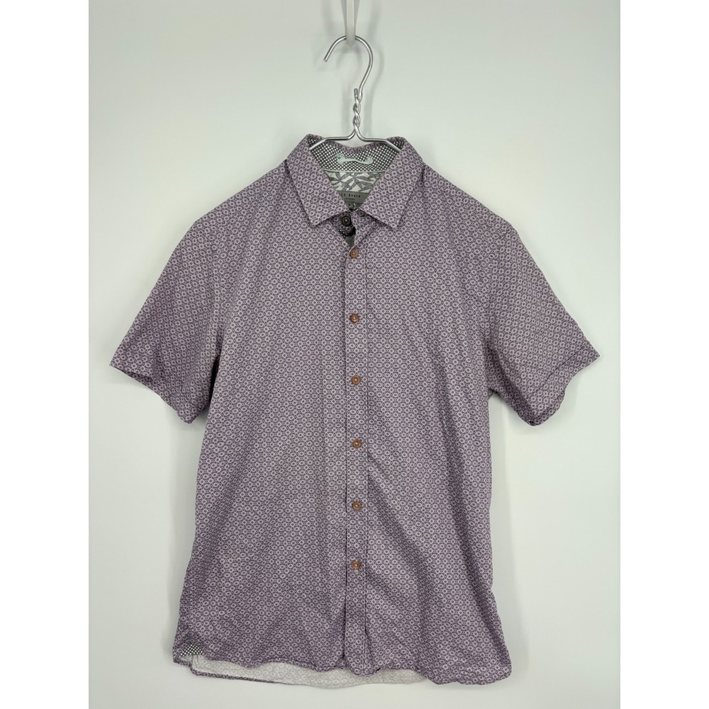 TED BAKER Shirt Mens Size 3 Purple Floral Fits as MEDIUM Short Sleeve Button Up